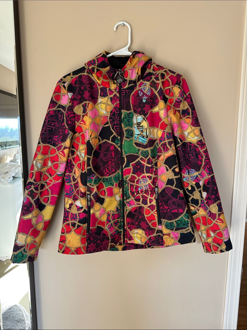 Women's Multicolor Mosaic Print Bomber Jacket with Hood